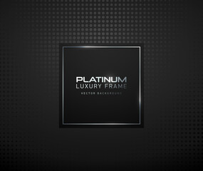 Black square with platinum thin frame luxury banner. Silver text on black square label frame. Dark geometric dots pattern background. Black friday vector illustration