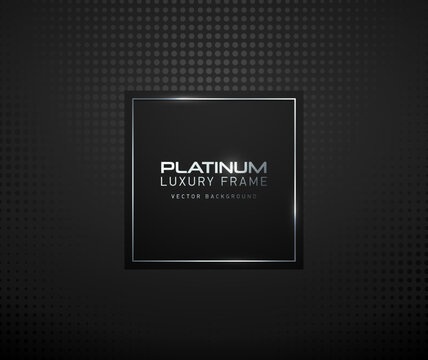 Black square with platinum thin frame luxury banner. Silver text on black square label frame. Dark geometric dots pattern background. Black friday vector illustration