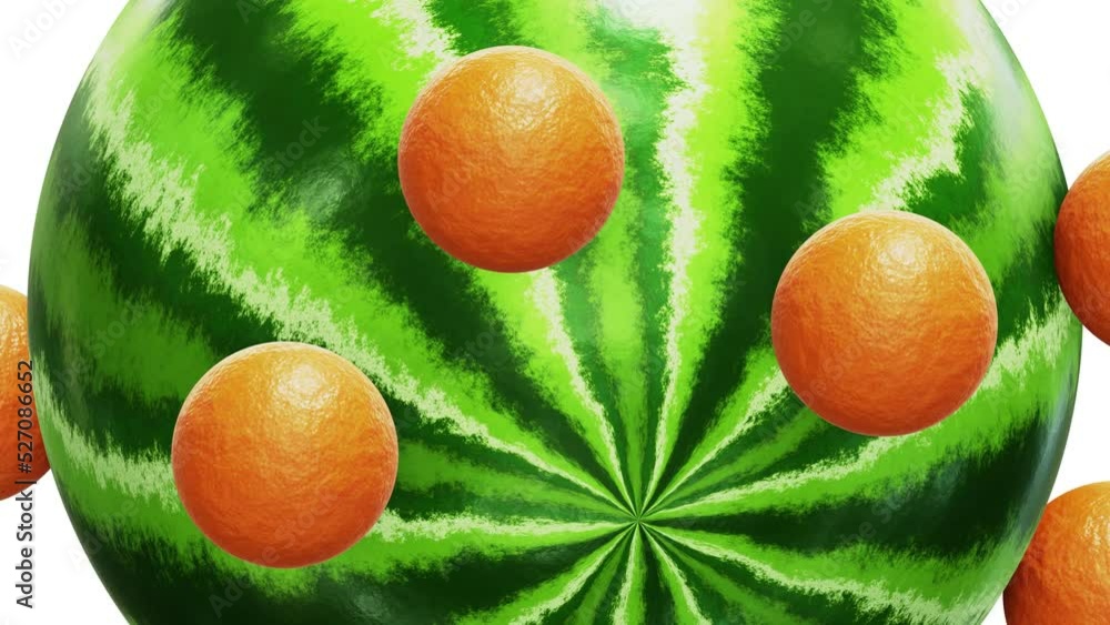 Poster realistic satisfying looping 3d animation of the beautiful watermelon texture sphere with orbital ro