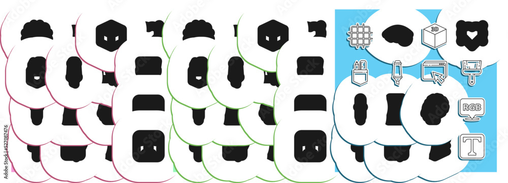 Poster set line text, speech bubble with rgb and cmyk, paint brush, isometric cube, marker pen, crossed rul