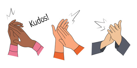 Hands of multicultural people Applaud. Cheering, ovation, Applauding concept. People thank speaker or trainer for presentation. Excited Audience Clap after performance. Vector illustration.