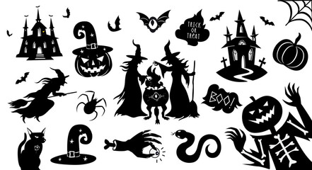 Set of black Halloween silhouettes. Collection of Halloween themed items in black bold graphic style with witches, pumpkins, scary characters. Vector illustration isolated on white