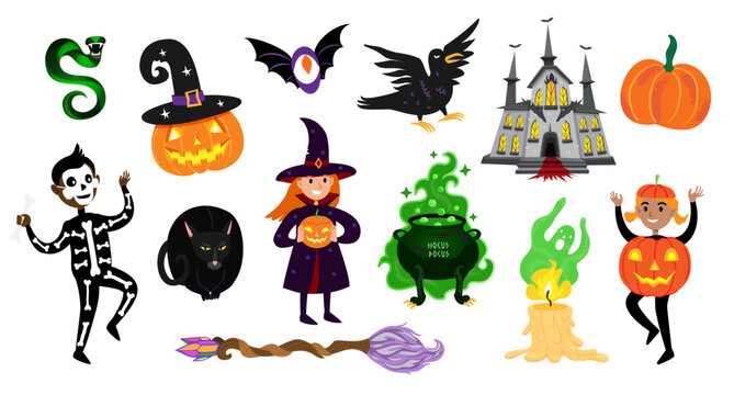 Set of Halloween vector illustrations. Cute kids Halloween characters festive costumes and themed holiday items. Pumpkin, witch, cauldron, skeleton. Halloween stickers collection in cartoon flat style