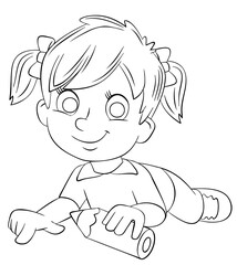 The girl draws. Element for coloring page. Cartoon style.