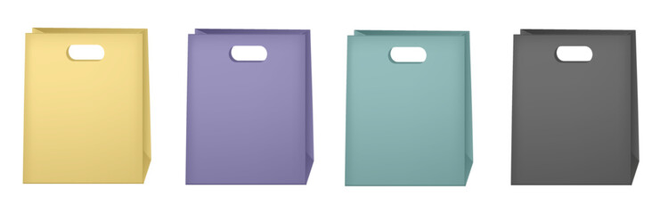 Set of colorful empty shopping bags isolated in white. Vector illustration. Gold, green, black and purple paper bags. Birthday present, gift box