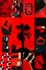 Set of trendy aesthetic photo collages. Minimalistic images of one top color. Red moodboard