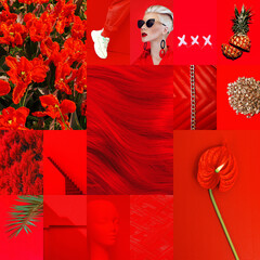 Set of trendy aesthetic photo collages. Minimalistic images of one top color. Red moodboard