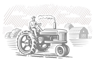 Old tractor with rural scene vector. Farmer driver