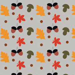 Autumn cute seamless pattern with leaves,mushrooms and acorns. Vector warm autumn illustration.