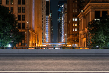 Empty urban asphalt road exterior with city buildings background. New modern highway concrete construction. Concept of way to success. Transportation logistic industry fast delivery. Chicago. USA.