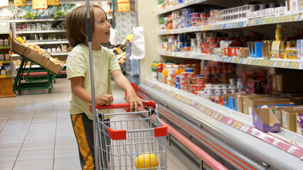 A cute boy with a small shopping trolley chooses something in the dairy department