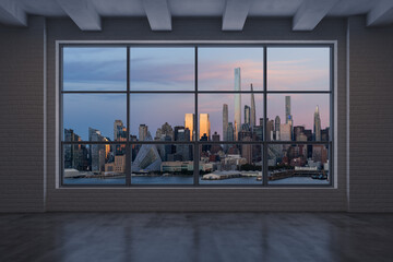 Naklejka na ściany i meble Midtown New York City Manhattan Skyline Buildings from High Rise Window. Beautiful Expensive Real Estate. Empty room Interior Skyscrapers View Cityscape. Sunset West Side. 3d rendering.