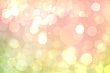 Abstract blurred fresh vivid spring summer delicate light green pastel yellow pink orange bokeh background texture with bright circular soft color lights. Beautiful backdrop illustration.