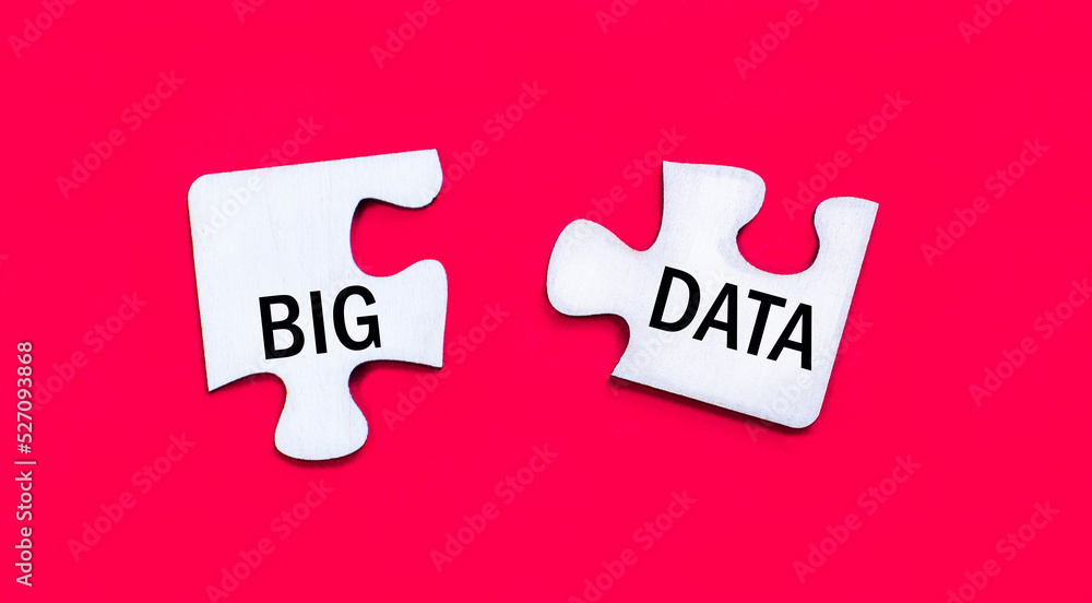 Poster on a bright red background, two white puzzles with the text big data. view from above.