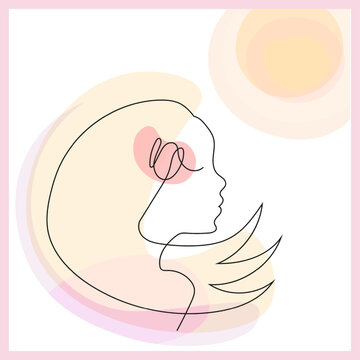 A girl's face drawn in single line technique. The girl's hair is wavy. The sun hits her face. Abstract line art vector design. Suitable for logo, canvas, tekstil, poster, invitation, frame.