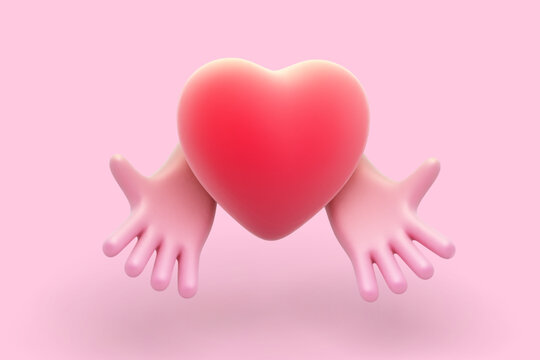 3D cartoon open man palms showing red heart on pink background. Abstract concept of love, hope, charity and healthcare. Two cartoon style funny human hands holding heart. Vector illustration.