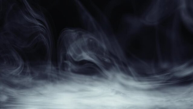 Steam background. Smoke floating. Logo opener transition. Transparent fog swirl. White mist flow motion on dark night black abstract texture.