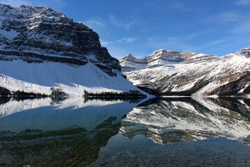 Snowy mountain landscape reflected in lake