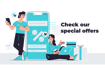 A phone with special offer of the store. Store special offers advertisement. Vector illustration concept