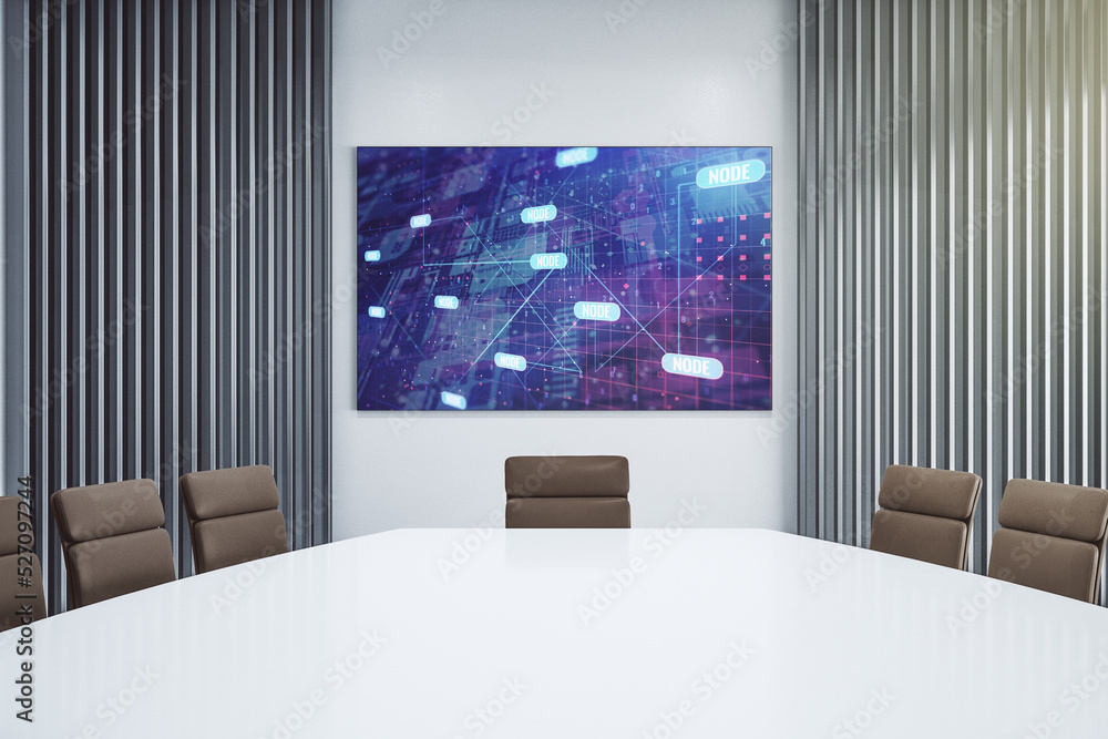 Fototapete Abstract programming language on presentation tv screen in a modern meeting room, research and development concept. 3D Rendering