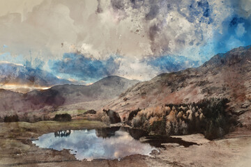 Digital watercolour painting of Beautiful aerial drone landscape image of sunrise from Blea Tarn in Lake District during stunning Autumn showing