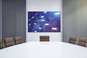 Abstract programming language on presentation tv screen in a modern meeting room, research and development concept. 3D Rendering