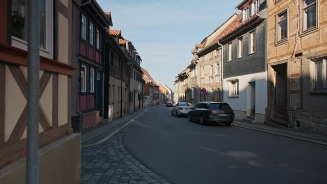 Steadycam: Medieval Town Bleichereode in Germany. Old city streets.