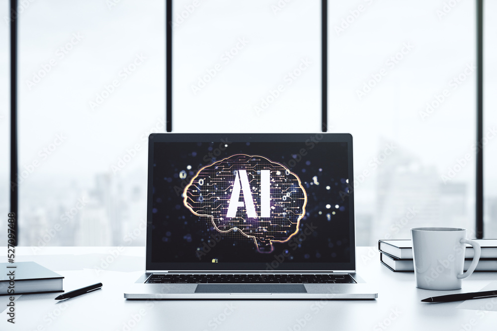Poster creative artificial intelligence concept with human brain hologram on modern laptop screen. 3d rende