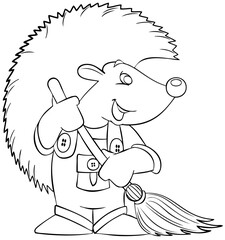 Hedgehog the cleaner. Element for coloring page. Cartoon style.