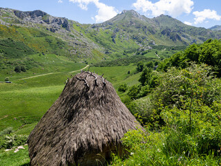 Choza típica rural llamada braña con tejado de ramas en un paisaje verde con árboles, cielo azul...