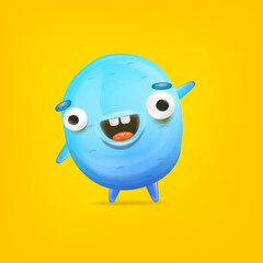 Vector cartoon funny blue alien monster isolated on yellow background. Smiling silly blue monster print sticker design template. Cute Ghost, troll, gremlin, goblin, devil and halloween monster