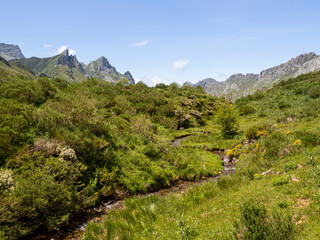 Paisaje de naturaleza verde en un entorno sostenible con el medio ambiente, con hierba verde, cielo azul y montañas al fondo, con mucho espacio en el verano de 2021 en Asturias, España.