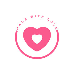 Made with love lettering with heart symbol. Pink round concept. The inscription on handmade goods, goods, shops, tags, labels