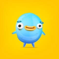 Vector cartoon funny blue alien monster isolated on yellow background. Smiling silly blue monster print sticker design template. Cute Ghost, troll, gremlin, goblin, devil and halloween monster