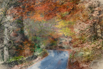 Digital watercolour painting of Epic landscape image of road winding through vibrant Autumn Dodd Woods forest in Lake District