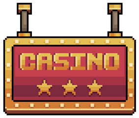 Pixel art casino board. Neon sign vector icon for 8bit game on white background 