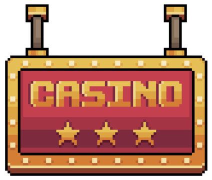 Pixel art casino board. Neon sign vector icon for 8bit game on white background 
