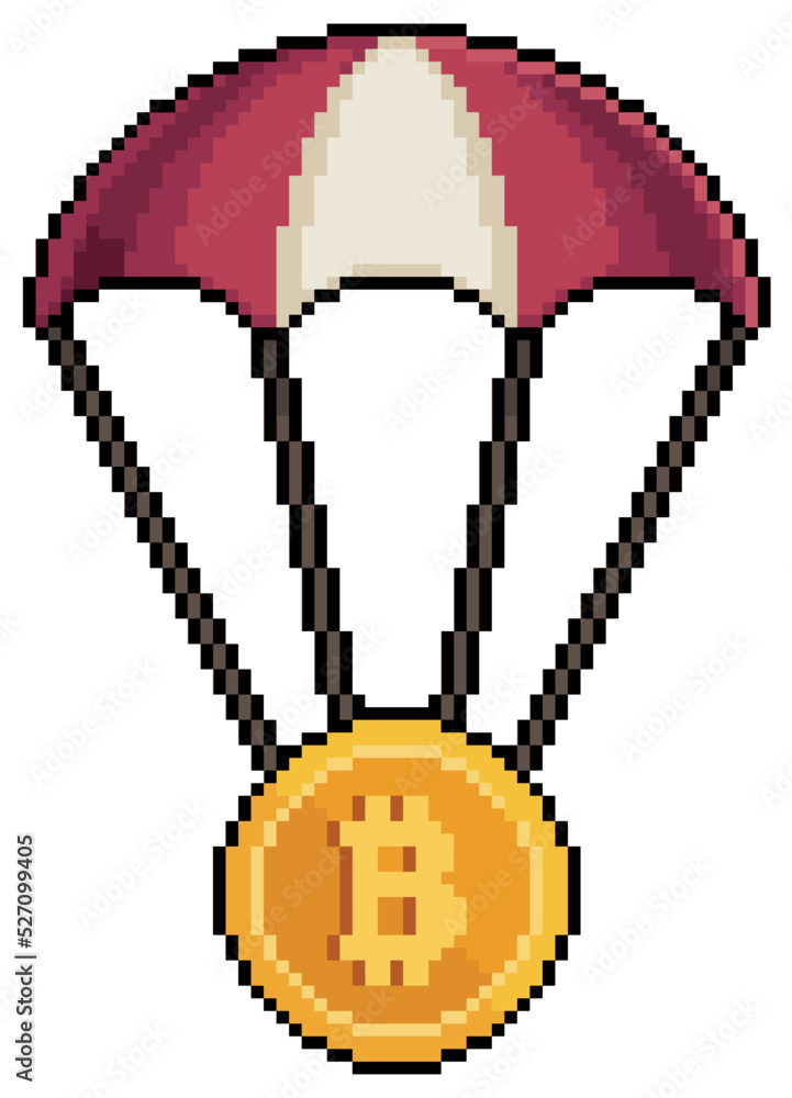 Poster pixel art parachute with bitcoin vector icon for 8bit game on white background