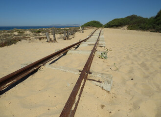 Dilapidated railway of the Transpraia line in Fonte da Telha. Portugal. 