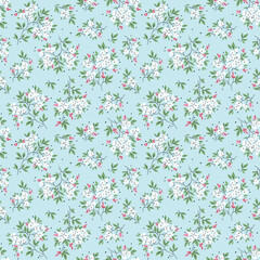 Cute seamless vector floral pattern. Endless print made of small white flowers. Summer and spring motifs. Light blue background. Stock vector illustration.