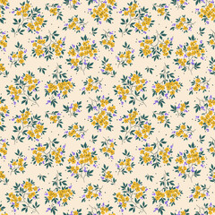 Fototapeta na wymiar Vector seamless pattern. Pretty pattern in small flowers. Small yellow flowers. White ivory background. Ditsy floral background. The vintage template for fashion prints. Stock vector.