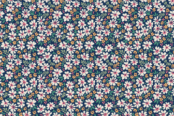 Vector seamless pattern. Pretty pattern in small flowers. Small white chamomile, daisy flowers. Blue background. Ditsy floral background. The vintage template for fashion prints. Stock vector.