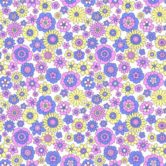 Colorful 60s -70s style retro hand drawn floral pattern. Lilac flowers. Vintage seamless vector background. Hippie style, print for fabric, swimsuit, fashion prints and surface design. Stock.
