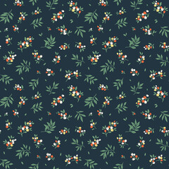 Cute floral pattern in the small berries and leaves. Seamless vector texture. Elegant template for fashion prints. Printing with small white and orange flowers. Dark blue background. Stock print.