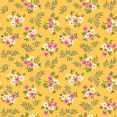 Fototapeta na wymiar Cute seamless vector floral pattern. Endless print made of small white ad pink flowers. Summer and spring motifs. Yellow background. Stock vector illustration.
