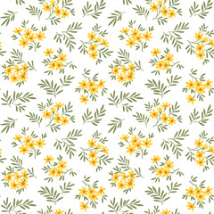 Vector seamless pattern. Pretty pattern in small flowers. Small yellow flowers. White background. Ditsy floral background. The vintage template for fashion prints. Stock vector.