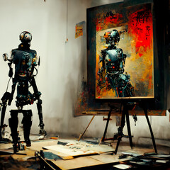 Fototapeta anthropomorphic robot artist in the studio next to the easel, painting and paints while working - neural network generated art, picture produced with ai in 2022 obraz