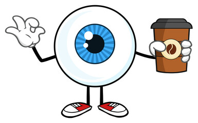 Blue Eyeball Guy Cartoon Mascot Character Holding A Take Out Cup And Gesturing Ok. Vector Hand Drawn Illustration Isolated On Transparent Background