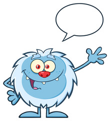 Cute Little Yeti Cartoon Mascot Character Waving For Greeting With Speech Bubble. Vector Hand Drawn Illustration Isolated On Transparent Background