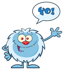 Smiling Little Yeti Cartoon Mascot Character Waving For Greeting With Speech Bubble And Text Yo!. Vector Hand Drawn Illustration Isolated On Transparent Background